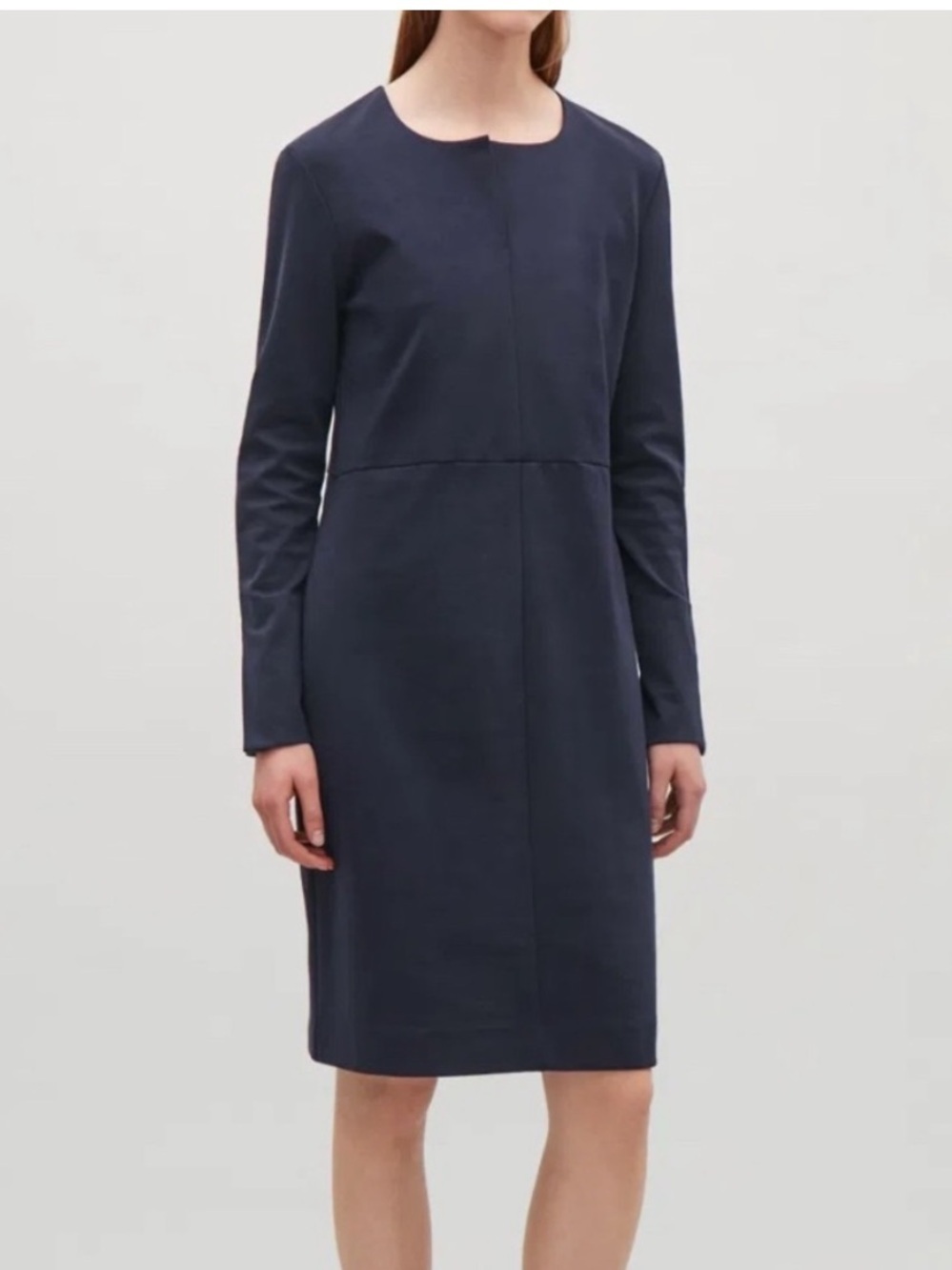 COS Dark Navy Blue Long Sleeve Split Neck Sheath Classic Dress Size Small
